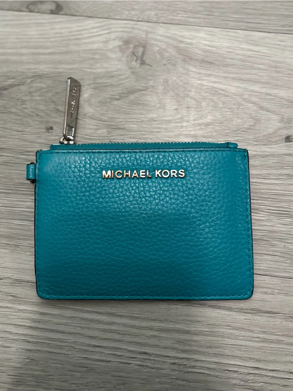 Michael Kors Teal Pebbled Leather Zip Card Holder